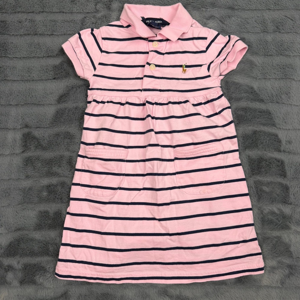 Ralph Lauren Kids Pink Navy Blue Striped Polo Dress 2 2T Short Sleeve Cotton